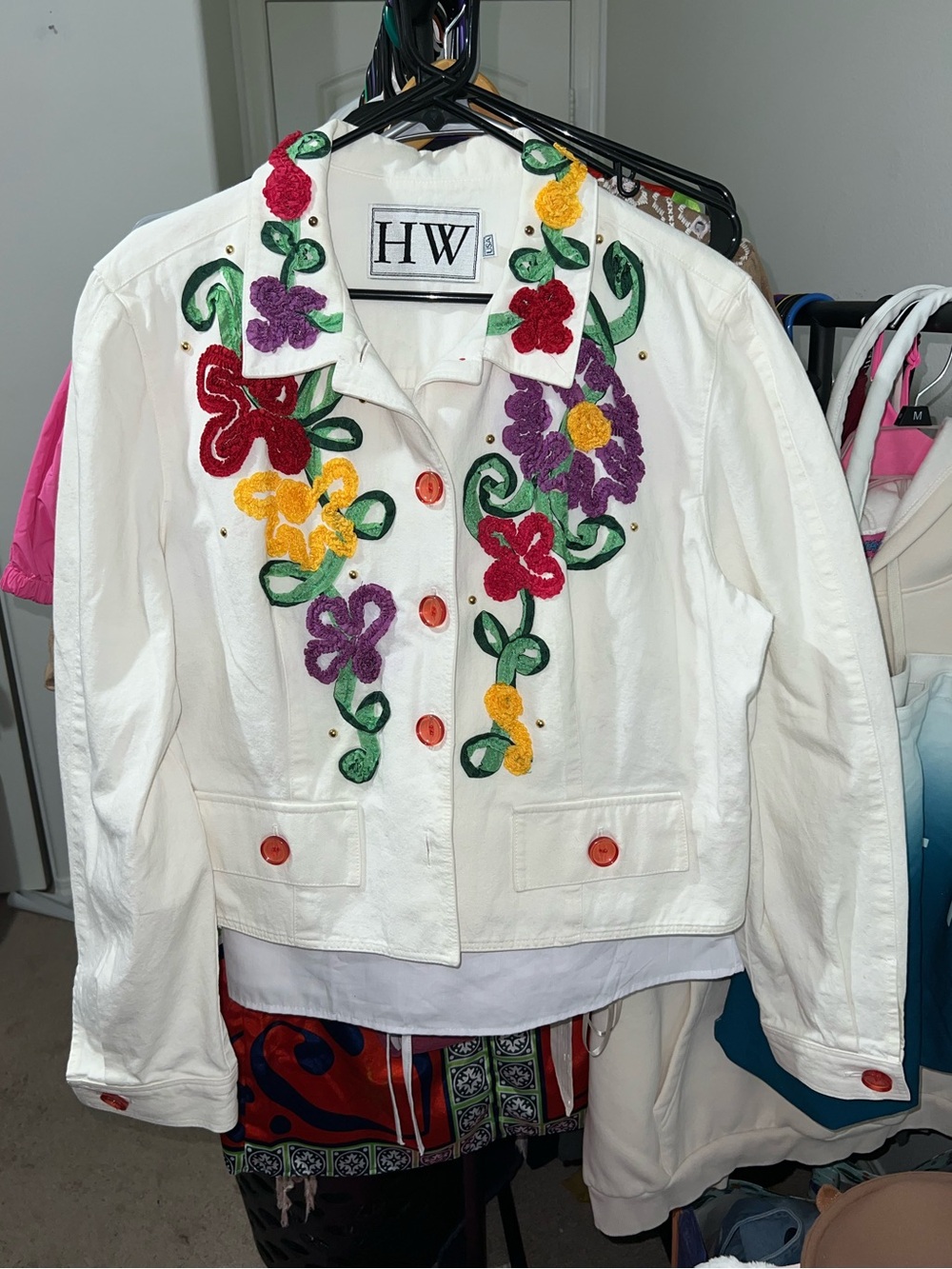White Embroidered Floral Button-Up Jacket